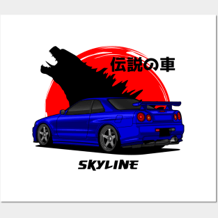 JDM Blue Skyline R34 GTR Posters and Art